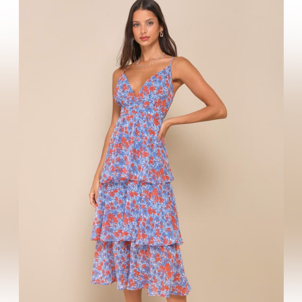 Lulu’s Blue Floral Print Tieree Midi Dress